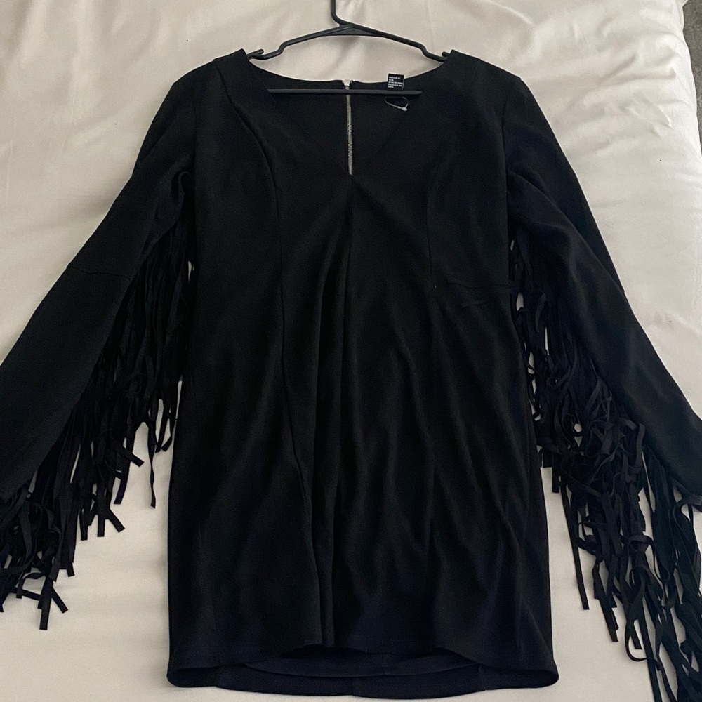 Forever 21 Black Long Sleeve Fringe Dress